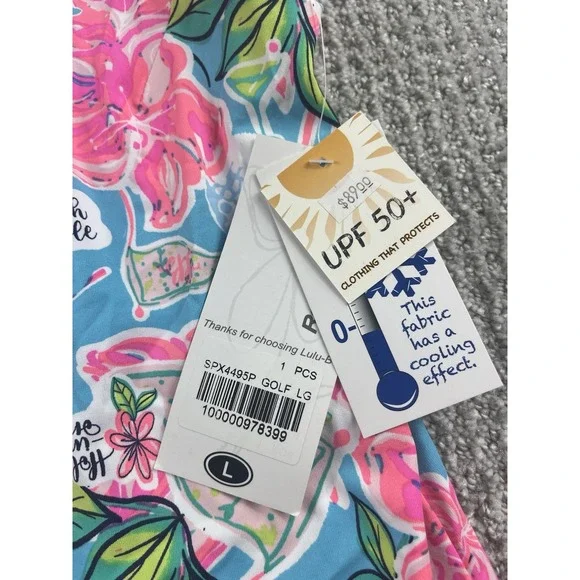 Lulu B Sleeveless Ruffle Trim Shift Dress Tropical Golf Hibiscus UPF50 Large NWT - Picture 2 of 10